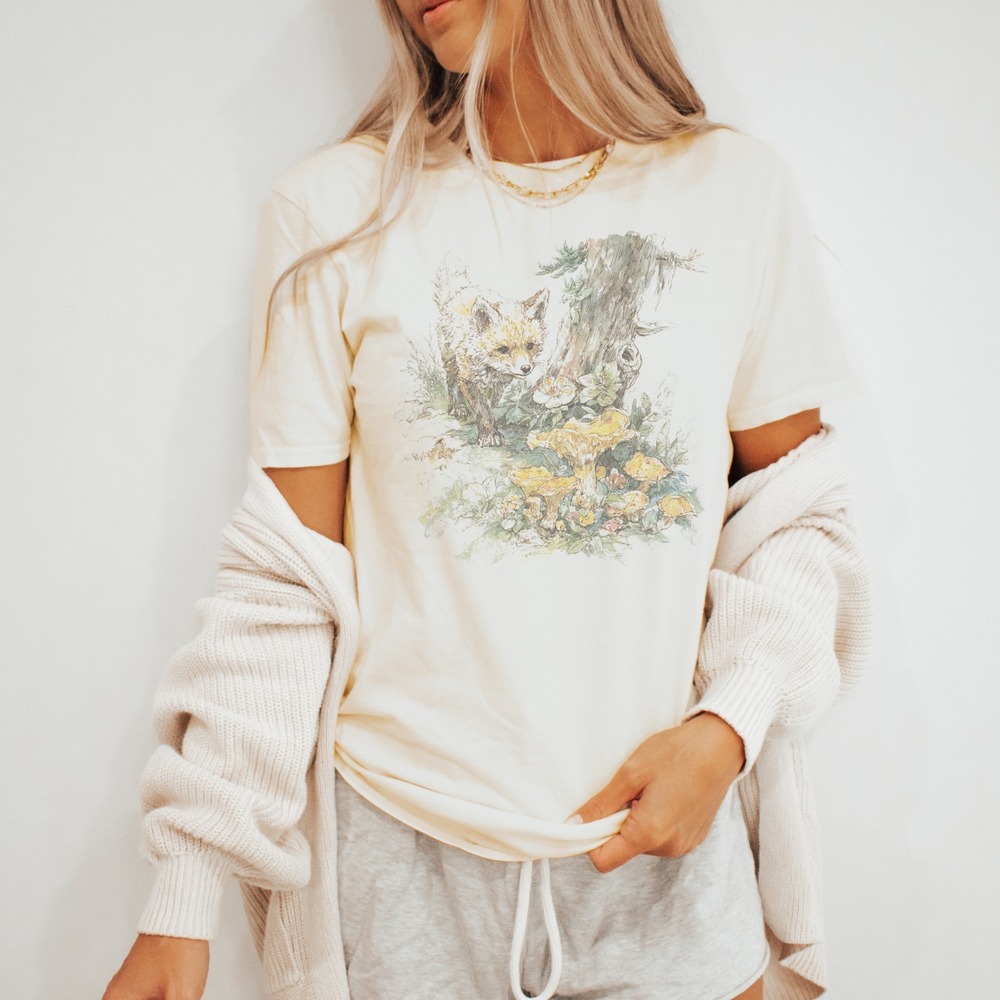 Woodland Fox Graphic Tee Watercolor Botanical Nature Art